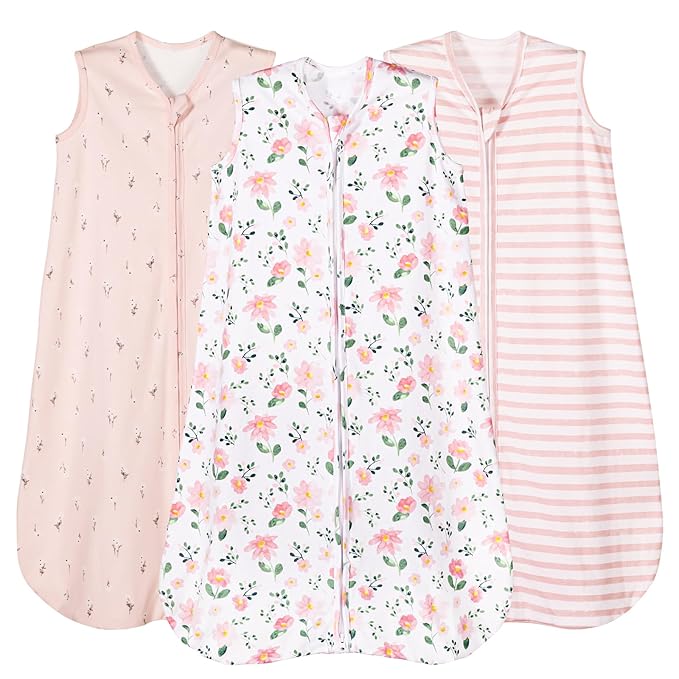 PHF Soft Baby Sleep Sack 0-6 Months 100% Organic Cotton Wearable Blanket, 2-Way Zipper 0.5 TOG Toddler Sleeping Sack 3 Pack, Comfy Sleep Bag for Baby Girls, Pink Floral (Small)