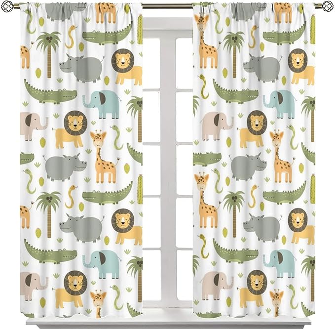 Nursery Safari Animals Window Curtains,Cartoon Woodland Jungle Forest Lion Elephant Giraffe Printed Pattern Blackout Drapes for Living Room Baby Boy Kids Bedroom 42x45 Inch