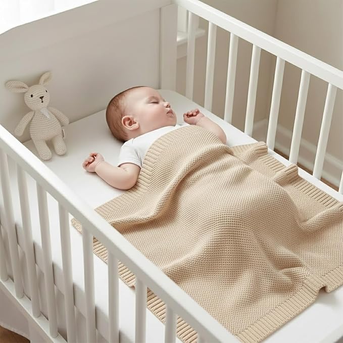 Baby Knit Blanket Soft Cotton Lightweight Newborn Blanket for Crib Stroller Toddler Nursery Shower Gift Cozy Breathable Travel Swaddle Wrap Beige 30 x 30 Inches