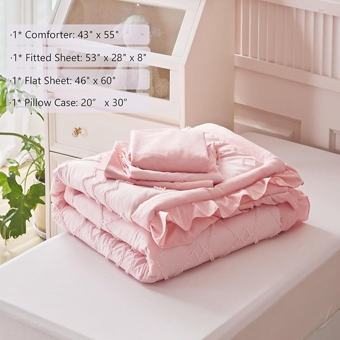AIKASY Toddler Bedding Set 4 Pieces Super Soft Comforter Set, Shabby Boho Bohemian Design for Boys and Girls（Ruffle Fringe Comforter, Flat Sheet, Fitted Sheet and Pillowcase）- Coral Pink