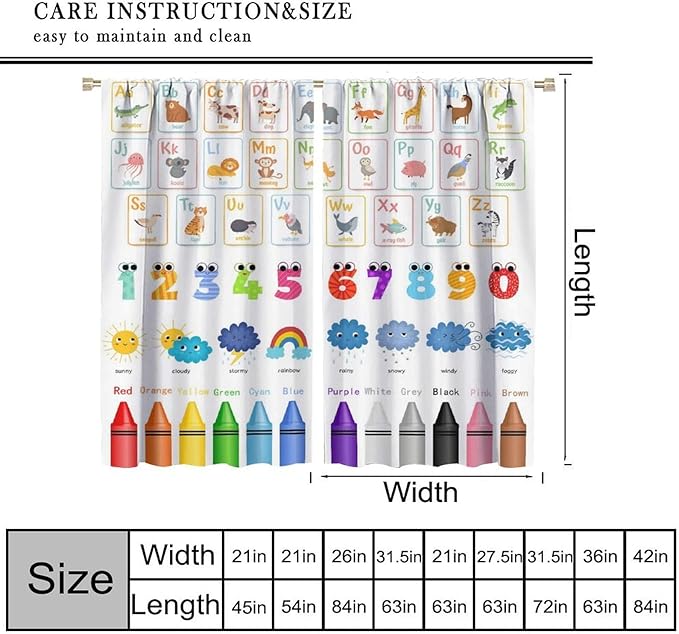 Kids Alphabet Curtains Cartoon Animal Funny Learning Colorful Educational Nursery Curtain with Rod Pocket for Bedroom Classroom Decor Drapes Window Treatments 2 Panels Set 63" W X 63" L