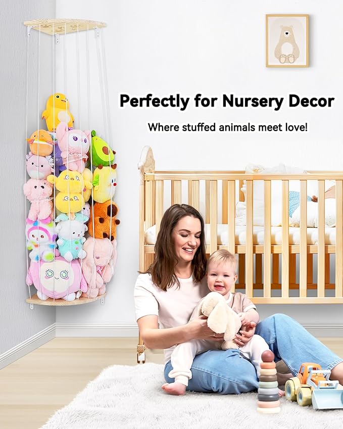 Corner Stuffed Animal Storage Net - Heigh Adjustable Wood Stuffed Animal Organizer - Large Wall Plush Holder Teddy Bear Storage for Bedroom Kids Room Nursery Decor