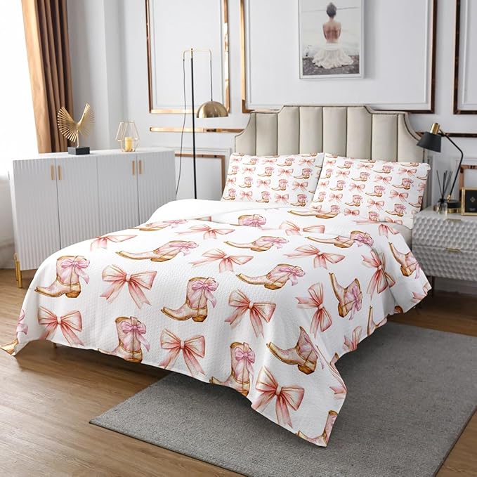Western Cowgirl Bedspread Queen Size,Pink Bowknot Cowgirl Boots Rustic Farmhouse Coverlet Set,Girls Women Room Decor,Bow Tie Geometric Patchwork Quilted Coverlet,Golden Bedding Quilt,2 Pillowcases