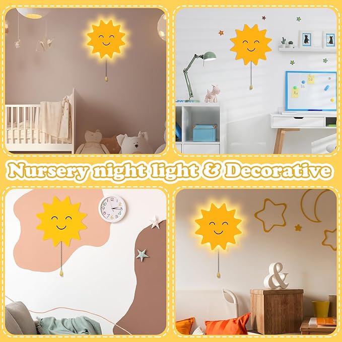 Sun Night Light Wall Lamp Sleeping Nursery Lighting Cute Floating Battery Operated Hanging Lamp for Baby Boys Girls Bedroom Room Nursery Wall Decorations