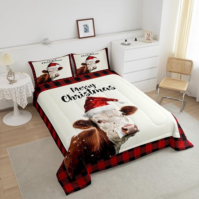 Xmas Cow Cattle Animal Bed Comforter Set Queen Size,Christmas Farmhouse Super Soft Microfiber Bedding Set for Girls Boys,Vintage Cabin Red Plaid Decorative Quilter Set