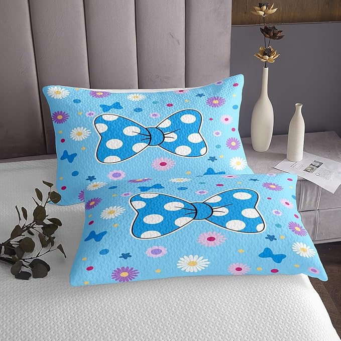 Manfei Blue Bowknot Kids Bedspread Queen Size,Daisy Flowers Geometric Dot Patchwork Coverlet Set,Girls Women Room Decor,Star Bow Tie Princess Quilted Coverlet,Cute Dreamy Bedding Quilt,2 Pillowcases