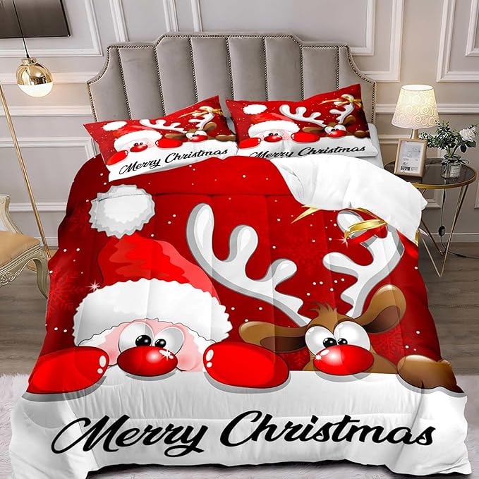 LUVIVIHOME 3PCS Merry Christmas Comforter Set Full Size, Funny Santa Claus Bedding, Reindeer Cute Christmas Bedroom Decor for Kids Boys Girls Teens, Xmas Gifts, 2 Pillow Cases