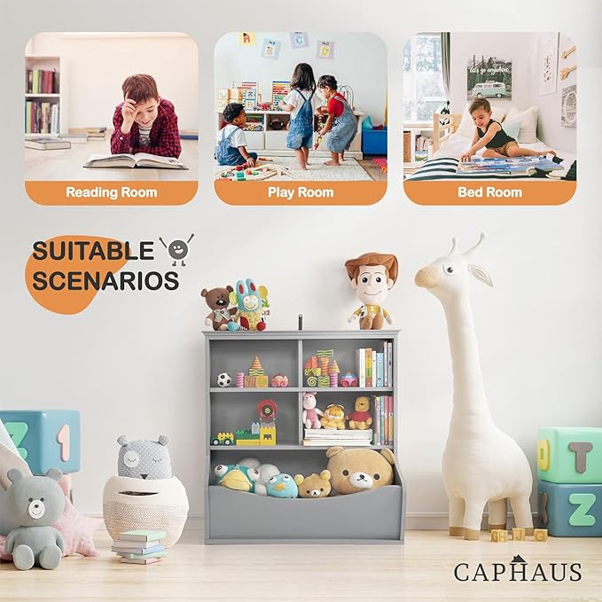CAPHAUS Kids' Toy Storage Organizer, Open Storage Cubby, Multifunctional Book and Toy Storage Cabinet, Book and Toy Storage Shelf for Nursery, Playroom, Closet, Home Organization Toy Bookcase