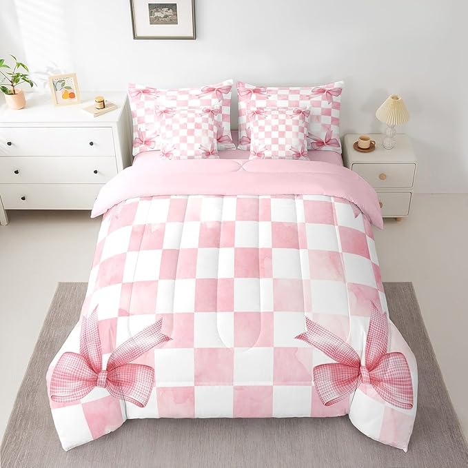 7 Pieces Pink Bowknot Kids Comforter Full,Geometric Grid Checkered Patchwork Fashion Bedding Set,Bow Tie Knot Princess Chic Unique（Comforter+Fitted+Flat Sheet+2 Pillowcases+2 Throw Pillow Covers）