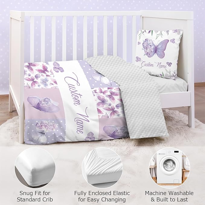 Personalized Baby Crib Bedding Set,3 Piece Custom Name Nursery Set with Blanket, Fitted Sheet & Pillowcase for Baby Girls & Boys, Purple Butterfly Theme(Fixed Size)
