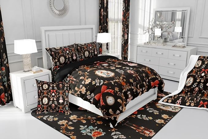 Feelyou Christmas Kids Comforter Set Full Size Nutcracker Bedding Set Soldier Royal Guarder Princess Duvet Quilt for Kids Boys Girls Bedroom Flower Bow Decor Microfiber Ultra Soft Breathable