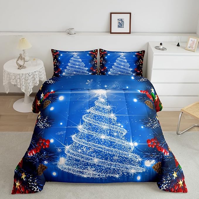 Feelyou Kids Merry Christmas Decorations Comforter Set, Kids Santa Tree Bedding Set Queen Size for Boys Girls Teens Xmas Christmas Bell Decor Comforter Glitter Blue Quilt Set