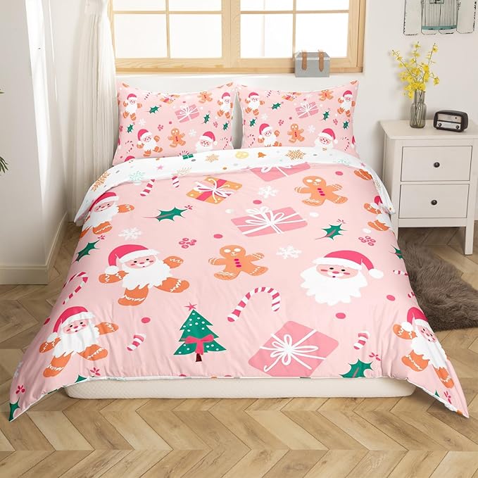 Feelyou Merry Christmas Bedding Set Cookies Candy Duvet Cover Set for Kids Boys Girls Pink Christmas Comforter Cover Quilt Cover Bedroom Collection 3Pcs King Size,No Comforter