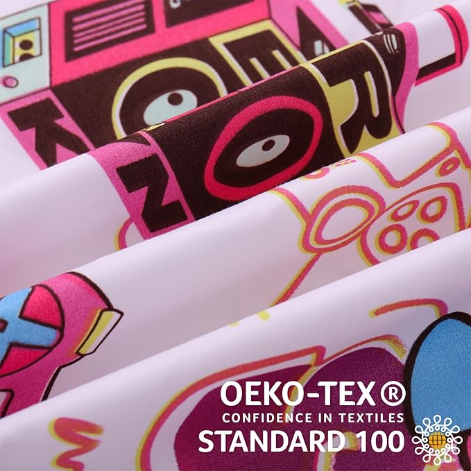 JSD Pink Gamer Kids Duvet Cover Set Queen Size, 3 Piece Teens Printed Microfiber Comforter Cover with Pillow Sham Zipper Closure, Comforter Not Included