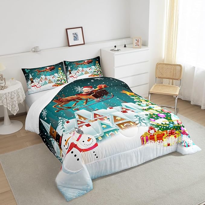 Manfei Christmas Comforter Set Full Size, Xmas Tree Snowman Bedding Set 3pcs for Kids Boys Girls Room Decor, Santa Claus with Reindeer Quilt Set New Year Theme Duvet Set with 2 Pillowcases