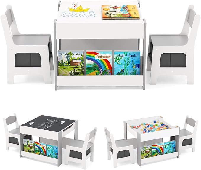 HONEY JOY Kids Table and Chairs, 4-in-1 Children Wooden Activity Set w/Double Bookshelves, Storage, Detachable Tabletop, for Art, Craft, Drawing, Reading, Gift for Toddlers 3-6 Years Old (Gray)