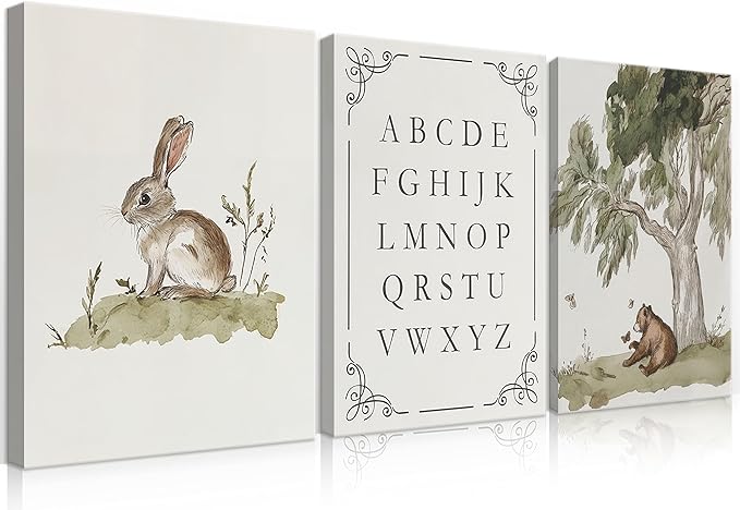 LSXARTQQ Set of 3 Woodland Nursery Wall Art Neutral Forest Animal Alphabet Canvas Wall Decor Vintage Nursery Wild Animals Paintings Pictures Kids Boys Girl Room Bear Bunny Artwork Prints(12x16inch)