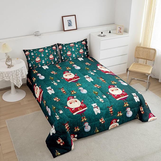 Christmas Comforter Set Cute Snowman Santa Claus Kids Decorations Bedding Set Boys Girls Bear Rabbit Comforter Christmas Bells Design Teal Blue Quilt with 1 Pillowcase 3Pcs Bedding King