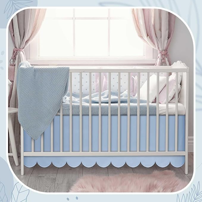 Blue Scalloped Crib Skirt 28"x 52" with 14" Drop Pleated Dust Ruffle with Split Corners for Baby Boys Girls Soft 4-Sided Crib Bed Skirt Nursery Standard Toddler Bedding