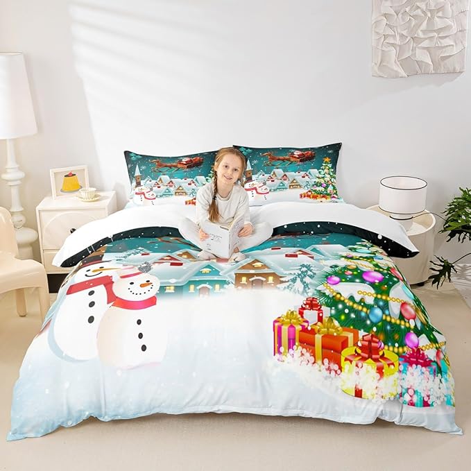 Manfei Christmas Duvet Cover Set Queen Size, Xmas Tree Snowman Bedding Set for Kids Boys Girls, Santa Claus with Reindeer Comforter Cover New Year Theme Quilt Cover with 2 Pillowcases, No Comforter