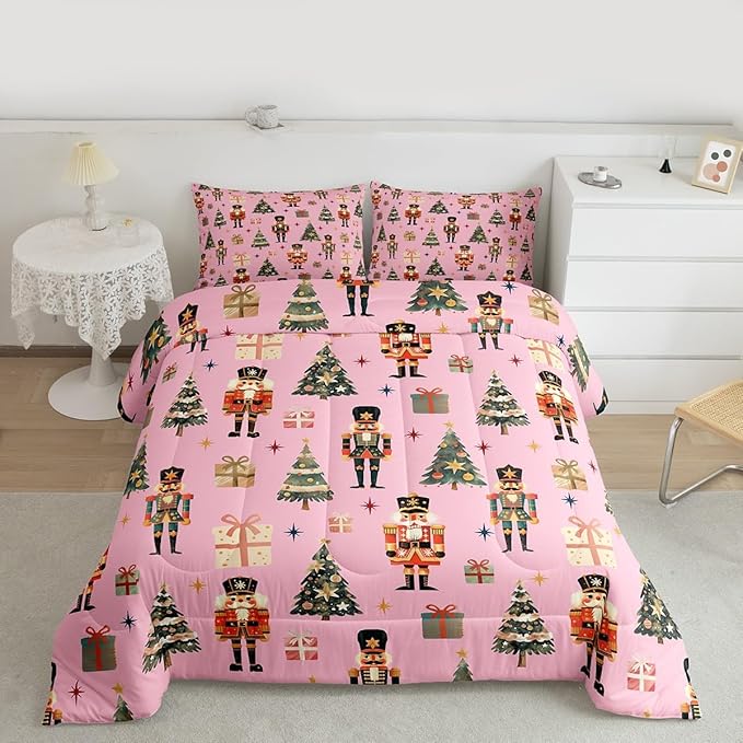 jejeloiu Xmas Nutcracker Comforter Set Twin Size Christmas Pink Bedding Set for Kids Boys Girls Cute Snowflakes Duvet Quilt Bedroom Decor