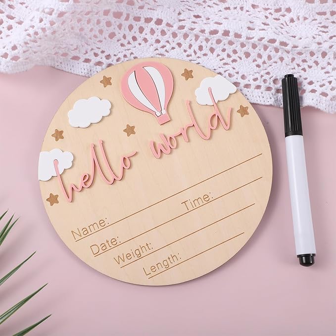 Hello World Newborn Sign with Pen - 6 Inch Wooden Baby Announcement Sign for Hospital Birth Photos, Gender Reveal, Newborn Announcement Sign Keepsake, Hot Air Balloon & Cloud Design(Pink)