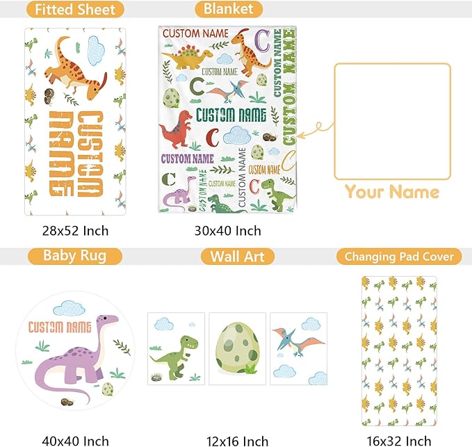 Personalized Baby Bedding Set, 5 Pcs Custom Baby Crib Sets with Name, Dino Toddler Bedding Set for Baby Boys Girls, Double Layer Flannel Nursery Bedding Set, Customized Gifts for Kids Infants