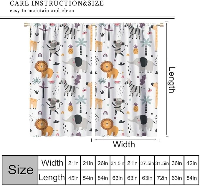 Cute Cartoon Animals Curtains Tropical Jungle Animals Elephant Giraffe Monkey Lion Modern Abstract Aesthetics for Kids Boys Bedroom Nursery Rod Pocket Decoration Window Drapes 2 Panels W42xL84in