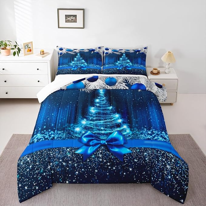 Merry Christmas Kids Comforter Set Twin Size,Snowflake Christmas Tree Bowknot Bedding Set,Girls Boys Adults Xmas Decor,Blue Gradient Line Glitter Down Comforter,Romantic Duvet Insert,1 Pillowcase