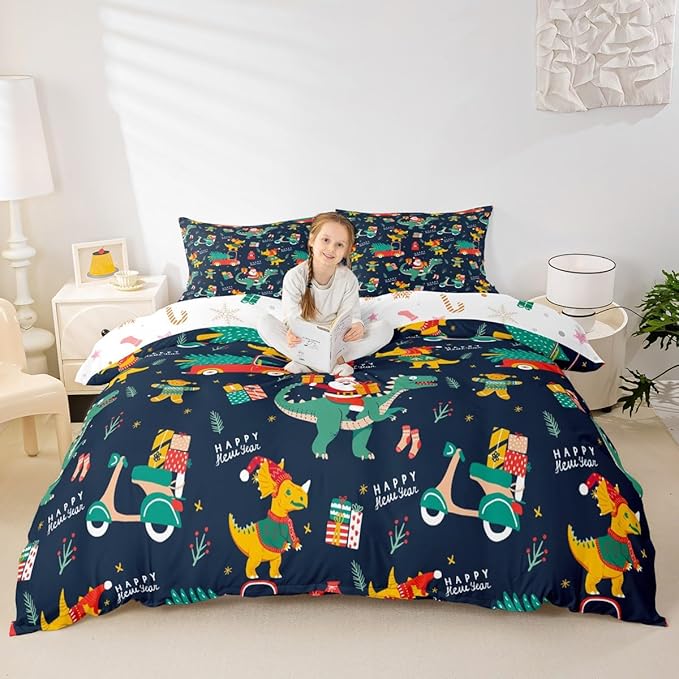 Christmas Bedding Set Cartoon Santa Claus Christmas Tree Comforter Cover for Kids Teens Cute Dino Race Cars Duvet Cover Breathable Gingerbread Man Bedspread Cover Room Decor Quilt Cover Toddler Size