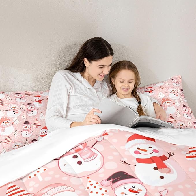 Manfei Christmas Comforter Set Full Size, Snowman and Xmas Trees Down Comforter with 2 Pillowcases, New Year Pink Bedding Set 3pcs for Kids Girls Adults Bedroom Decor Lightweight Duvet Insert
