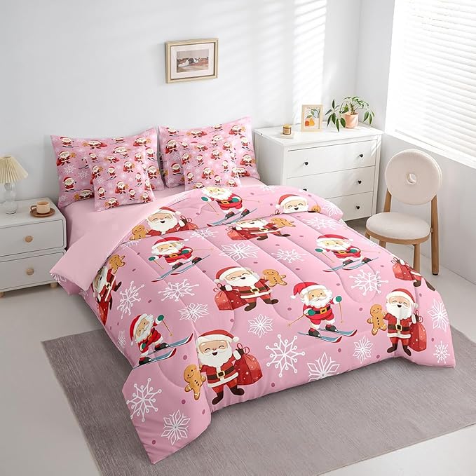 Erosebridal 7Pcs Cute Santa Claus Comforter Set Queen Size,Xmas Gingerbread Bedding Set for Kids Boys Girls,Christmas Snowboard Snowflake Bed in A Bag,Pink Christmas Quilt with Flat Fitted Sheet