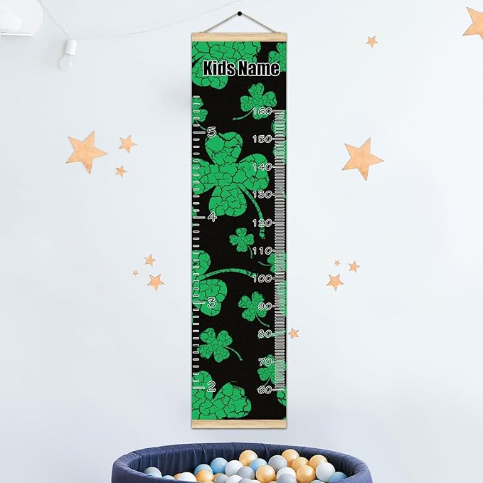 Personalized Kids Name Growth Chart Ruler for Wall Wood Frame Height Measure Chart 13.4x56 in Linen Hanging Height Growth Chart St Patrick Day and Clover Leaves Kids Room Decor