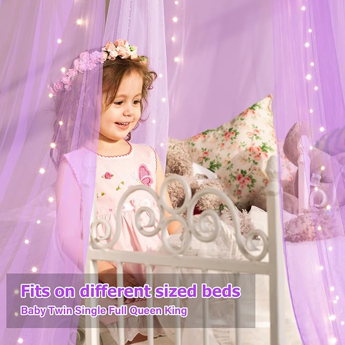 Bed Canopy with Lights, Bed Canopy for Girls Princess with Luminous Stars, Canopy Bed Curtains for Twin to King Size Bed, Baby Kids Adult Indoor Decor Bedroom Reading Nook Outdoor Camping,Purple