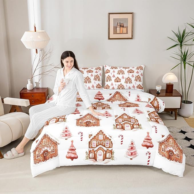 Feelyou Merry Christmas Comforter Set Queen Size Gingerbread House Bedding Set for Kids Boys Girls Xmas Tree Duvet Quilt Candy Cane Bedroom Decor Microfiber 3 Pcs with 2 Pillow Cases