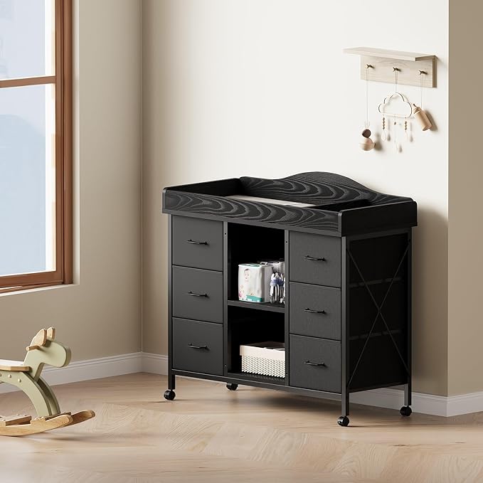 Changing Table, 6-Drawer Baby Dresser with Changing Table top,Waterproof Diaper Changing Station & Pad, 2 Height-Adjustable Open Storage Shelves, Mobile Nursery Organizer, Black