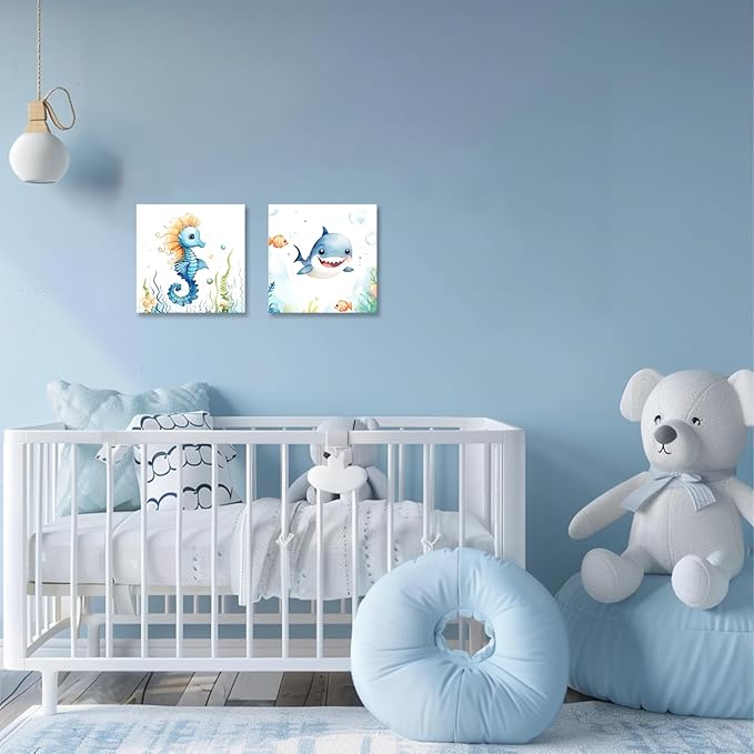 2 Piece Ocean Sea Canvas Wall Art for Nursery Decor - Cute Baby Seahorse Shark Underwater Paintings Pictures Ocean Theme Sea Life Posters Prints for Kids Room Bathroom Decor(Artwork-02, 20"x20"x2P)