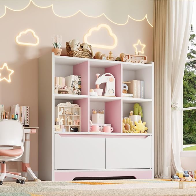 Kids Bookshelf and Toy Organizer, 2 Tier Kids Book Shelf for Kid Rooms with 2 Doors, 6 Cubes Storage Organizer,Wood Children Bookcase,Freestanding Toddler Book Display Shelf for Playroom WhitePink