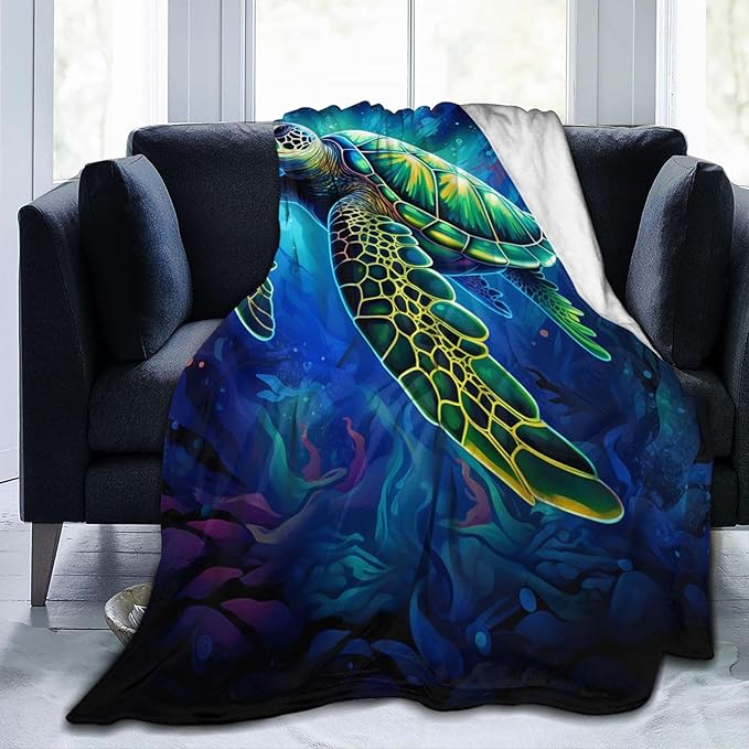 Sea Turtle Blue Blanket Turtles Shell Waves Flannel Throw Blankets for Home Decor Couch Bed Sofa Soft Fuzzy Lightweight Gifts for Kids Adults 50x40 Inches