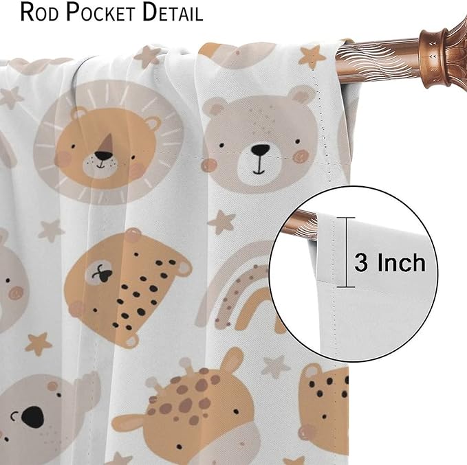 Cartoon Boho Animal Curtains,Funny Forest Safari Print,Cute African Wildlife Koala Giraffe Lion Leopard Bear Rainbow Blackout Window Drapes for Boys Girls Kids Baby Child Bedroom 84x84in