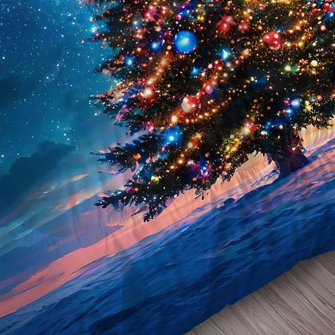 Christmas Tree Bedding Set Full/Queen Size Blue Galaxy Comforter for Kids Girls Teen Women Space Xmas Holiday Bedroom Quilt Bed Sets, 1 Comforter 2 Pillowcases