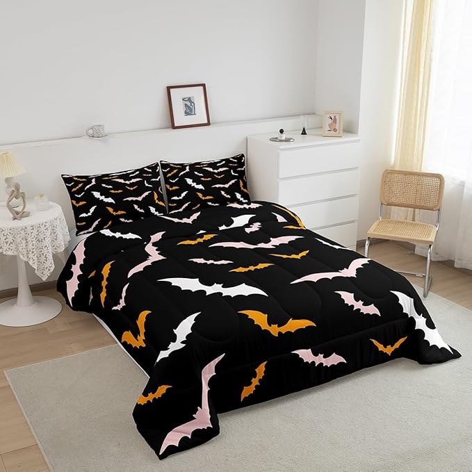 Erosebridal Bat Bedding Set Happy Halloween Comforter Set King Size for Kids Boys Bedroom Pink and Orange Bat Quilt Gothic Spooky Style Duvet Insert with 2 Pillow Cases