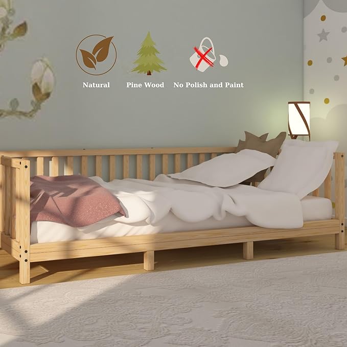 Montessori Floor Bed Designed with Open Front and Footed Model for Girls and Boys | Pine Wood Natural Solid Frame Beds with Slats | Sturdy Designed Floor Bed Frame for Kids (Crib, Height : 23 Inches)