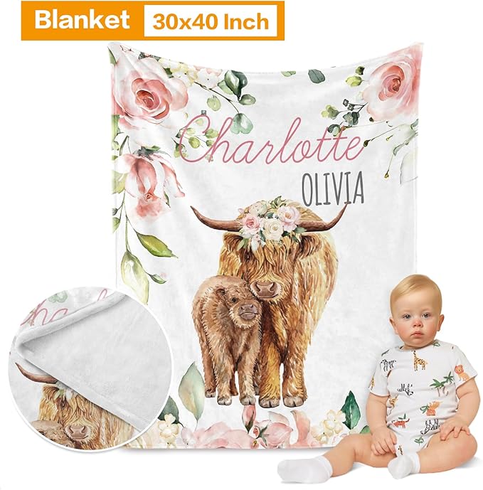 Custom Crib Bedding Set - Highland Cow Design Personalized Name Baby Nursery Bedding 3 Pcs Set - Chic Soft Blanket, Sheet, Pillowcase for Newborns Boys Girls Gifts Color24