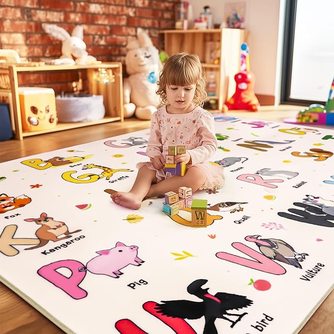 Kids Rugs for Playroom, 8x10 Ft Educational Rug for Learn The ABC Alphabet, Soft Machine Washable Non-Slip Cute Cartoon Animals Carpet for Classroom Toddler Nursery Kids Room Decor, Beige