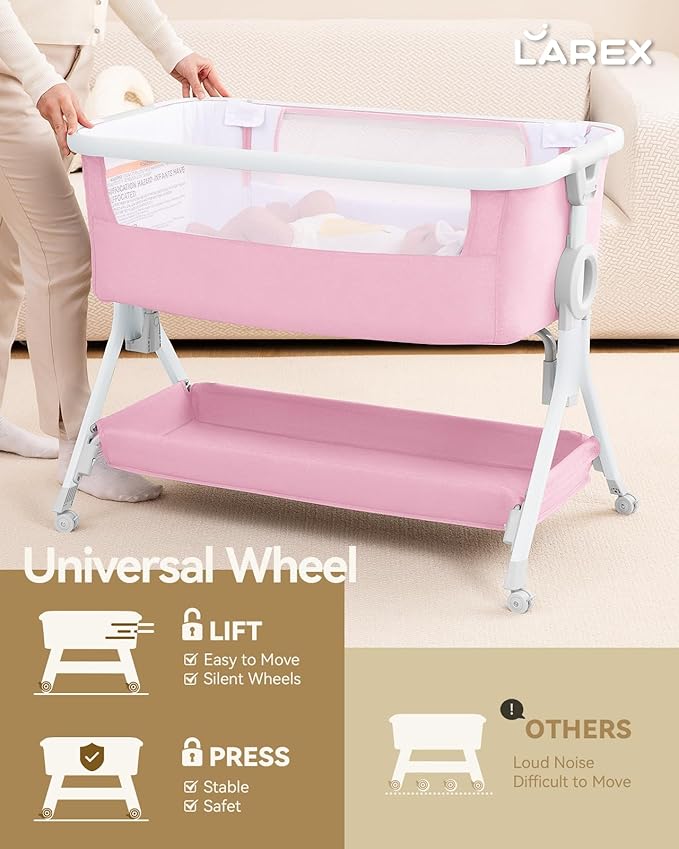 Larex Baby Bassinet, Baby Bassinet Bedside Sleeper with Storage Basket and Wheels, Height Adjustable Portable Crib for Newborn Infant, Easy Assemble and Folding(Pink)