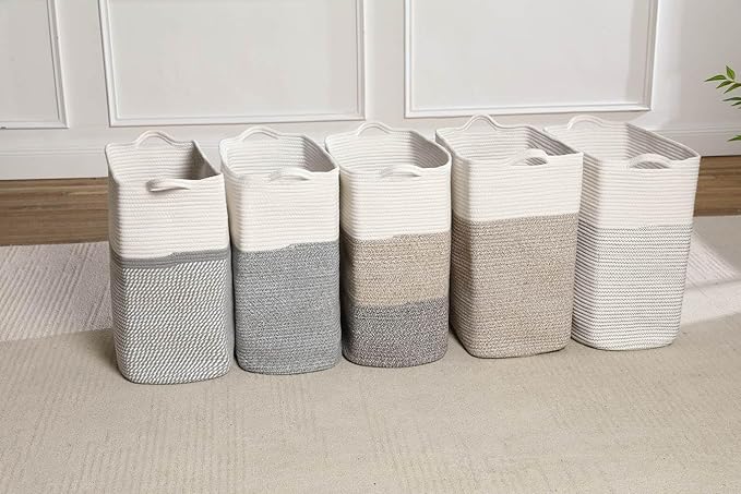 Tall Laundry Basket With Handles,Woven Cotton Rope Big Laundry Hamper Sorters,Versatile Storage for Dirty Clothes,Baby Toys,and Blankets in Bathroom, Nursery,and Living Room (White Brown, 50L)