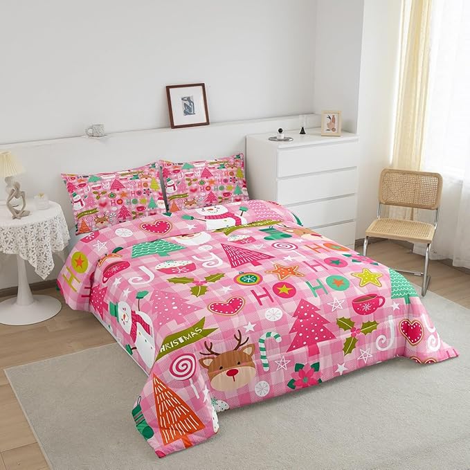 Merry Christmas Kids Comforter Set King Size,Cartoon Santa Claus Snowman Deer Xmas Bedding Set,Boys Girls Adults Room Decor,Geometric Grids Down Comforter,Pink Romantic Duvet Insert,2 Pillowcases