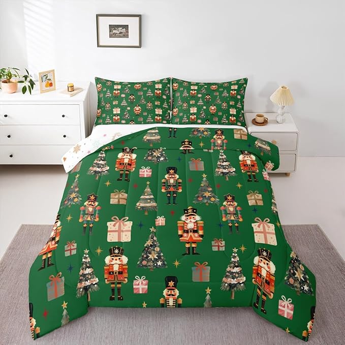 jejeloiu Xmas Nutcracker Comforter Set King Size Christmas Green Bedding Set for Kids Boys Girls Cute Snowflakes Duvet Quilt Bedroom Decor