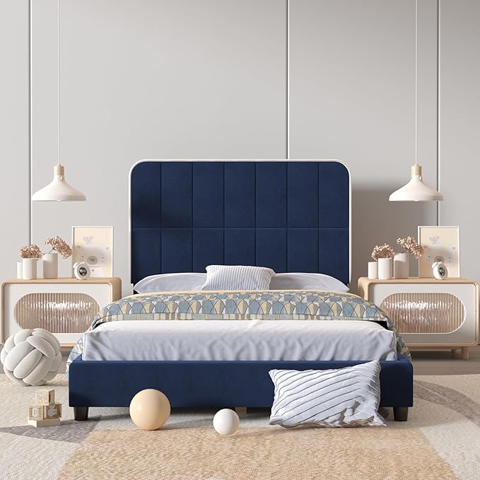 Toddler Beds,Upholstered Twin Bed Frames for Kids,Kids Bed with Adjustable Height Headboard,Girl Twin Bed Frame for Fits Standard Mattress(75" Wx39 D)(Blue)